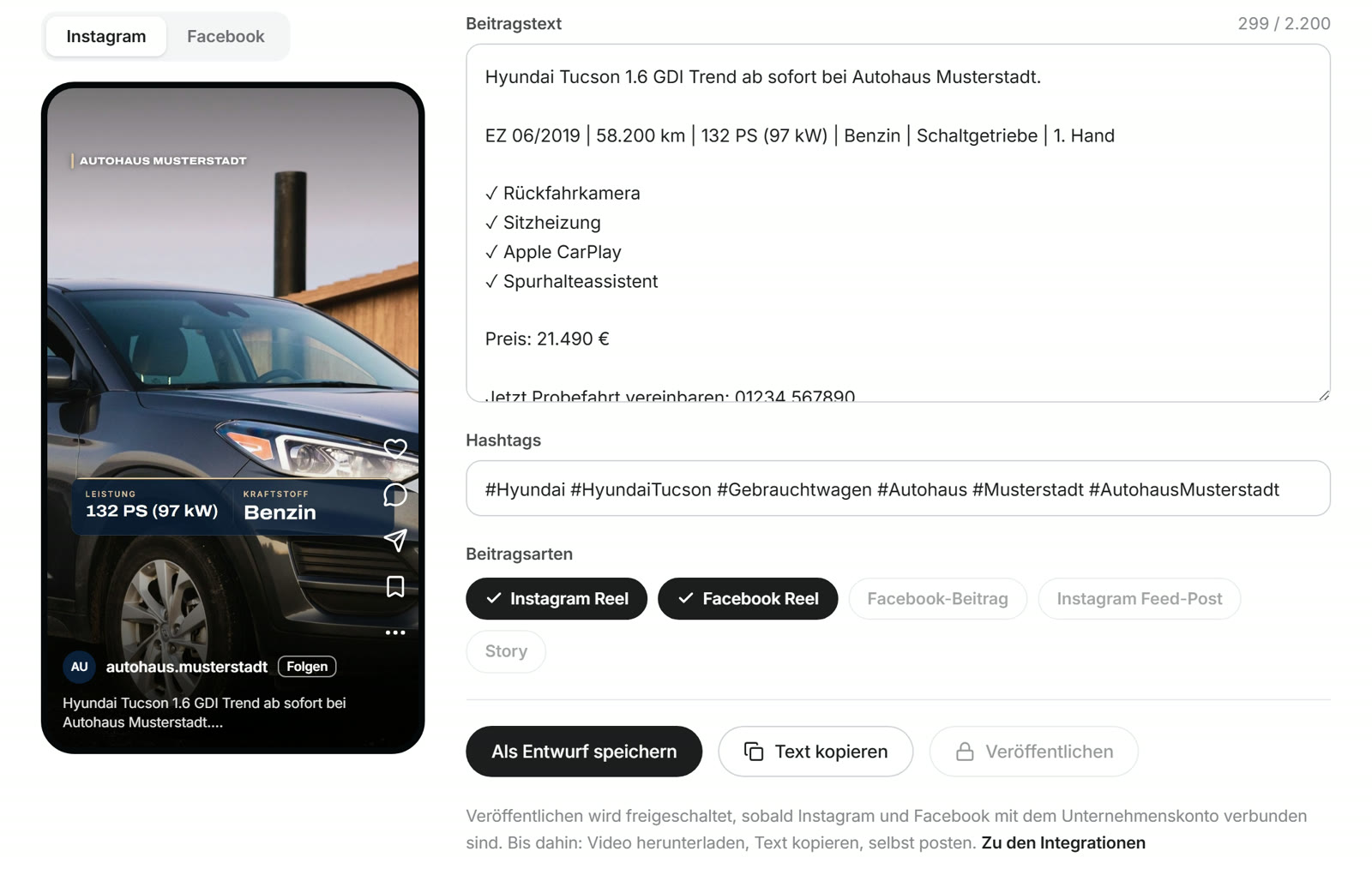 Text, Hashtags und Formate, Beispieldaten