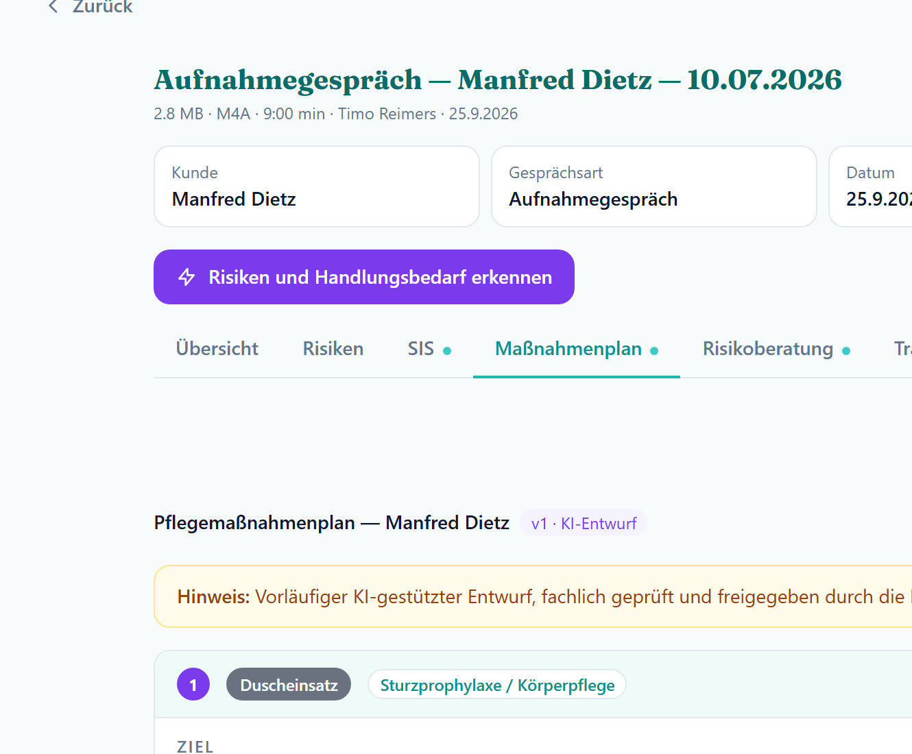 Entwurf eines Maßnahmenplans aus einem Aufnahmegespräch, Beispieldaten